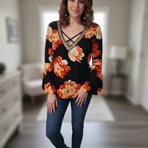 VENUS Black Top with Orange and Cream Floral Design Size S